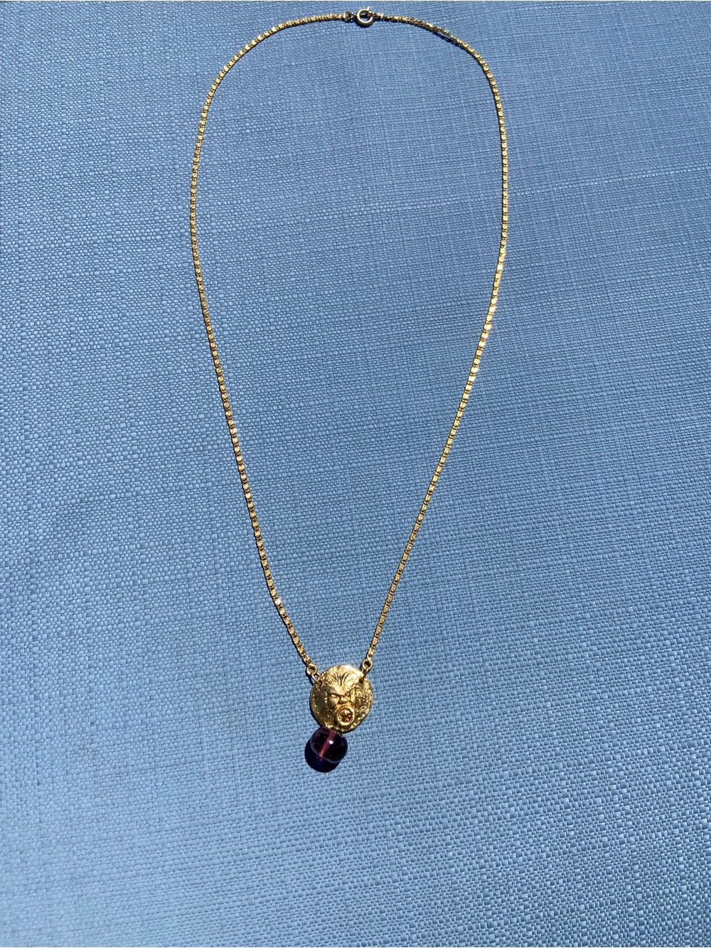 Chanel Gold Tone Medallion Necklace with Purple Glass Drop